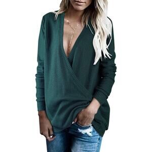 Women’s 2XL Dark Green Waffle Knit Wrap V Neck Pullover Sweater